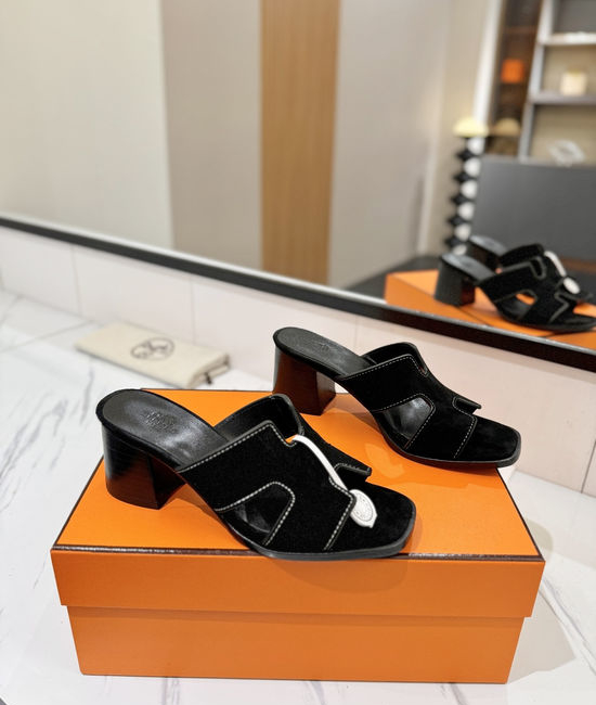 Hermes 7cm Heel Nubuck Slides Genuine Leather Sole Casual Shoes