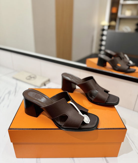 Hermes 7cm Heel Cowhide Slides Genuine Leather Sole Casual Shoes