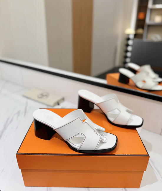 Hermes 7cm Heel Cowhide Slides Genuine Leather Sole Casual Shoes