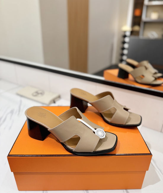 Hermes 7cm Heel Cowhide Slides Genuine Leather Sole Casual Shoes