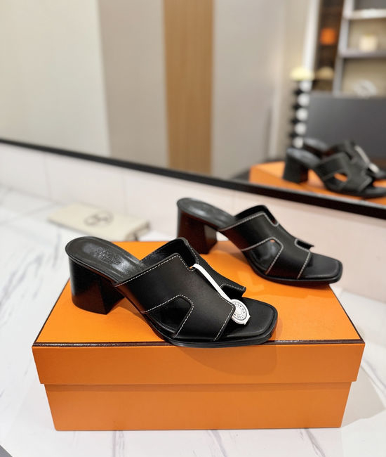 Hermes 7cm Heel Cowhide Slides Genuine Leather Sole Casual Shoes