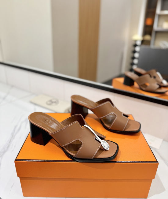 Hermes 7cm Heel Cowhide Slides Genuine Leather Sole Casual Shoes