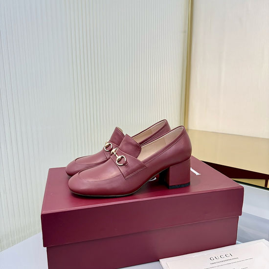 Gucci Shiny Leather Mid-heel Loafers with Decorative Buckle