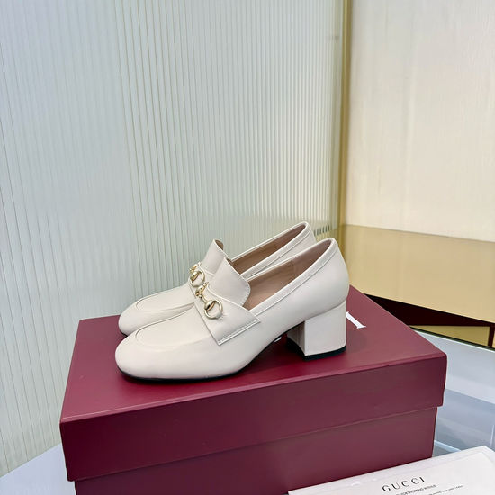 Gucci Shiny Leather Mid-heel Loafers with Decorative Buckle