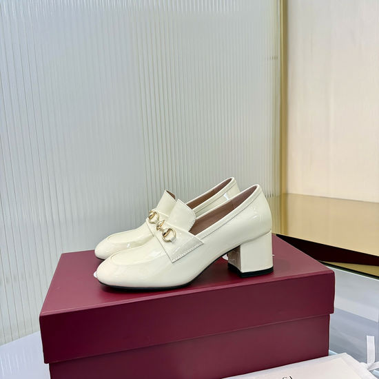 Gucci Shiny Leather Mid-heel Loafers with Decorative Buckle