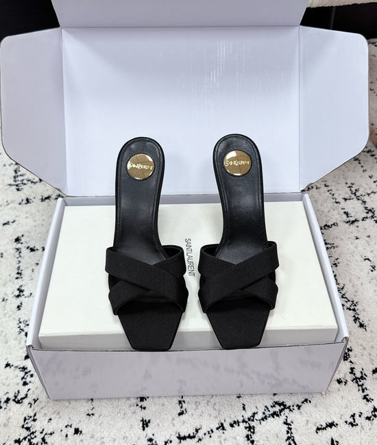 Yves Saint Laurent YSL Satin Cross Strap High Heel Mule Slides