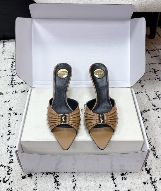 Yves Saint Laurent YSL Ruched Pointed Toe Stiletto Heel Mules Premium Leather