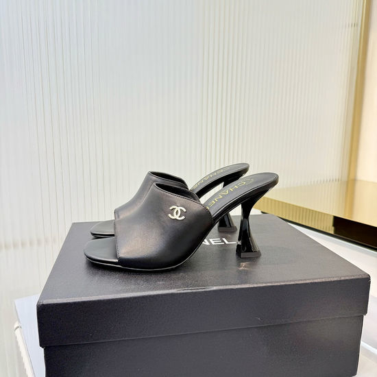 Chanel Classic Logo Decor Sheepskin High Heel Slide Slippers