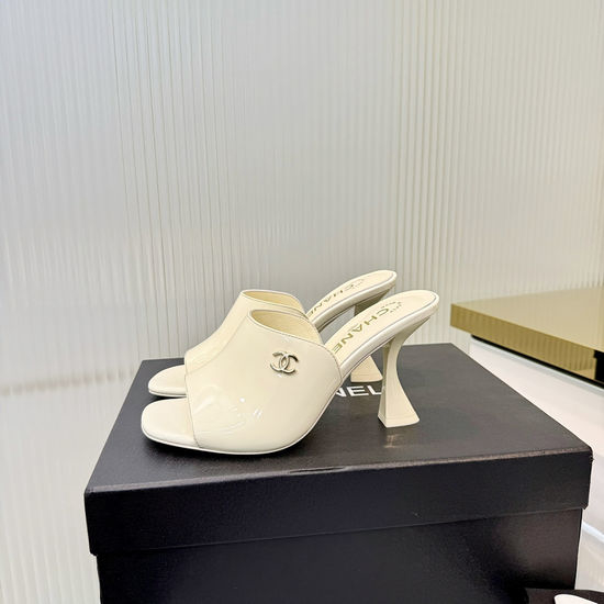 Chanel Classic Logo Decor Sheepskin High Heel Slide Slippers