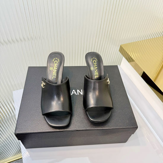 Chanel Classic Logo Decor Sheepskin High Heel Slide Slippers