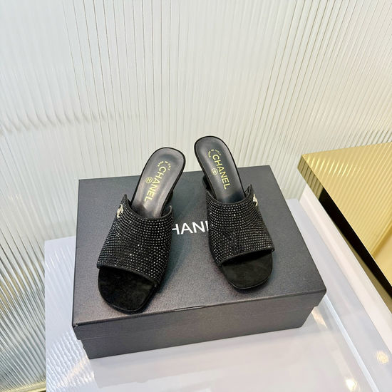 Chanel Classic Logo High Heel Slide Sandals Premium Leather