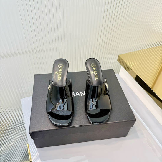 Chanel Classic Logo Decor Sheepskin High Heel Slide Slippers