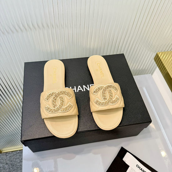 Chanel Classic Logo Decor Sheepskin Flat Slide Slippers