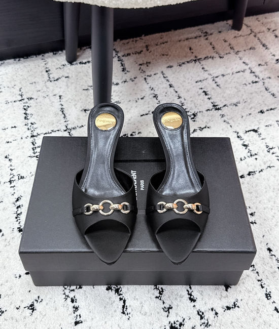 Yves Saint Laurent YSL Chain Decor Pointed Toe Stiletto Heel Mules Leather Sole