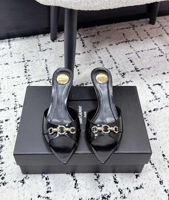 Yves Saint Laurent YSL Chain Decor Pointed Toe Stiletto Heel Mules Leather Sole
