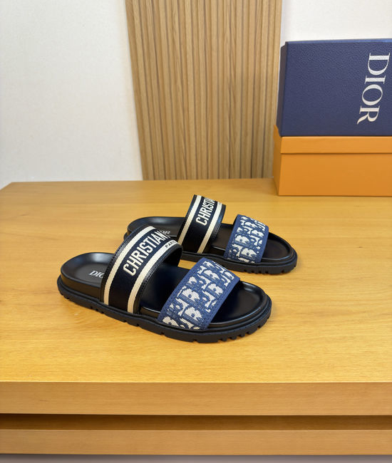 Christian Dior CD Grained Leather Casual Slides with Logo Webbing Comfortable Sole