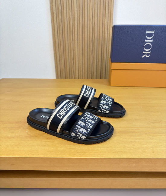 Christian Dior CD Grained Leather Casual Slides with Logo Webbing Comfortable Sole