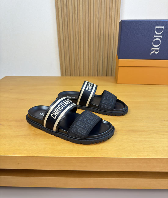 Christian Dior CD Grained Leather Casual Slides with Logo Webbing Comfortable Sole
