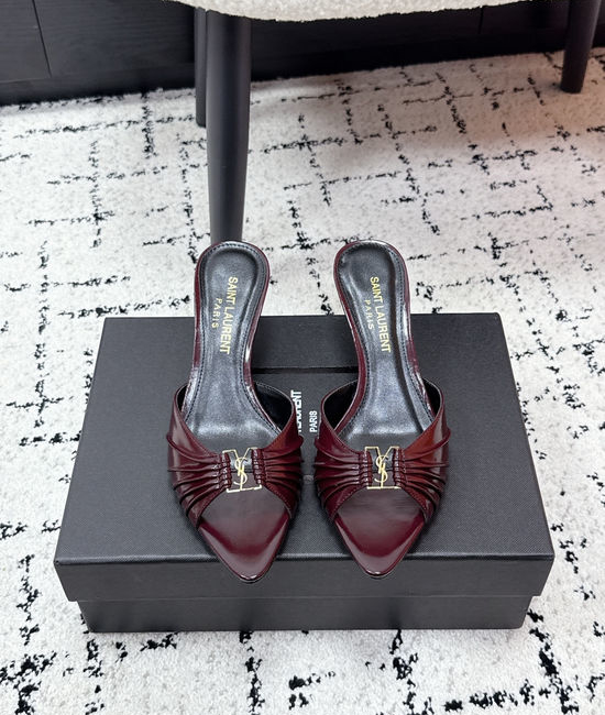 Yves Saint Laurent YSL Ruched Pointed Toe Stiletto Heel Mules Leather Lined