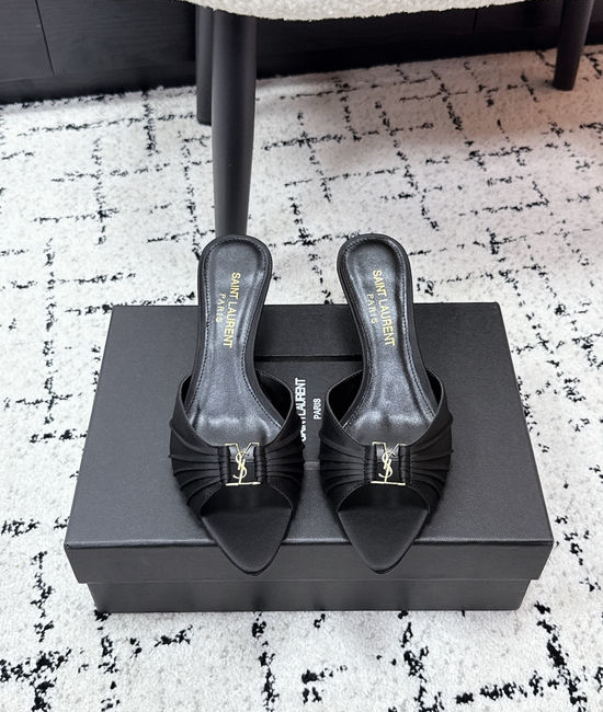 Yves Saint Laurent YSL Ruched Pointed Toe Stiletto Heel Mules Leather Lined