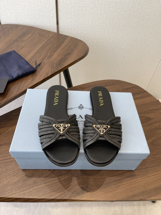 Prada Woven Upper Genuine Leather Elegant Slides