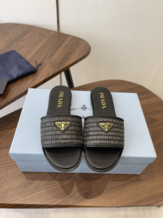 Prada Woven Upper Genuine Leather Elegant Slides