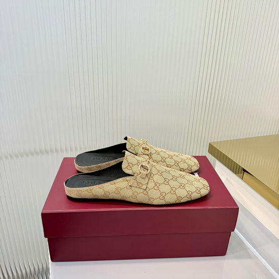 Gucci Classic Buckle Decor Canvas Mules Soft Lining Comfortable Casual Flat Shoes