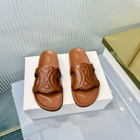 Celine Embossed Upper Genuine Leather Beach Slide Sandals