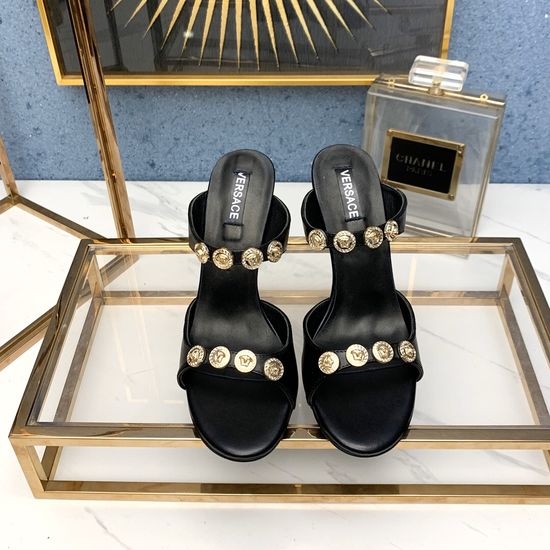 Versace High Heel Slide Sandals Full Sheepskin Lined Cowhide Upper
