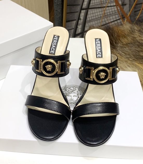 Versace High Heel Slide Sandals Full Sheepskin Lined Cowhide Upper