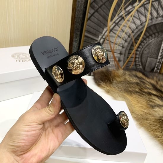 Versace Toe Ring Cowhide Flat Slippers With Non-slip Rubber Sole