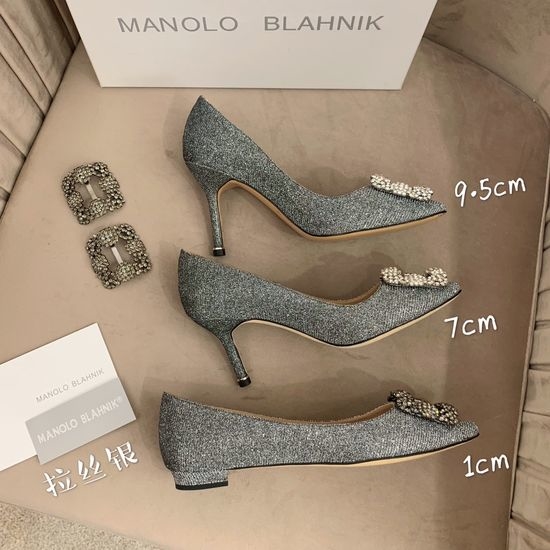 Manolo Blahnik MB Rhinestone Buckle Silk Upper Pointed Toe Pumps