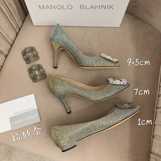 Manolo Blahnik MB Rhinestone Buckle Silk Upper Pointed Toe Pumps