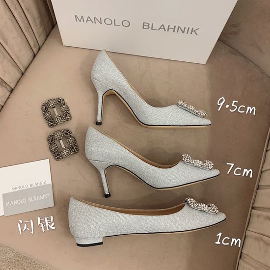 Manolo Blahnik MB Rhinestone Buckle Silk Upper Pointed Toe Pumps