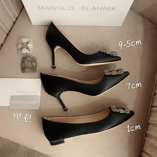 Manolo Blahnik MB Rhinestone Buckle Silk Upper Pointed Toe Pumps