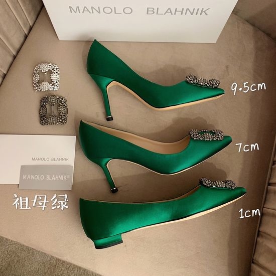 Manolo Blahnik MB Rhinestone Buckle Silk Upper Pointed Toe Pumps