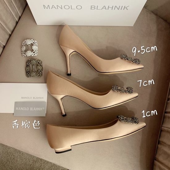 Manolo Blahnik MB Rhinestone Buckle Silk Upper Pointed Toe Pumps
