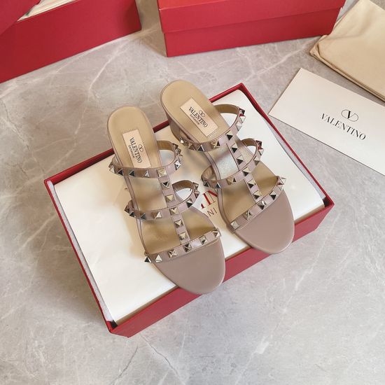 Valentino Rivet Decor Block Heel Slide Sandals Genuine Leather