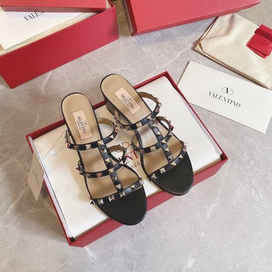 Valentino Rivet Decor Block Heel Slide Sandals Genuine Leather