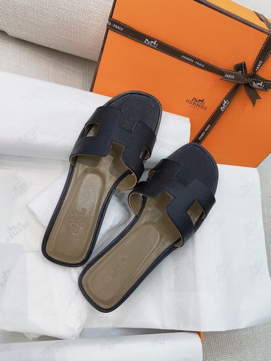 Hermes Classic H-shaped Flat Slide Slippers Premium Leather Sole