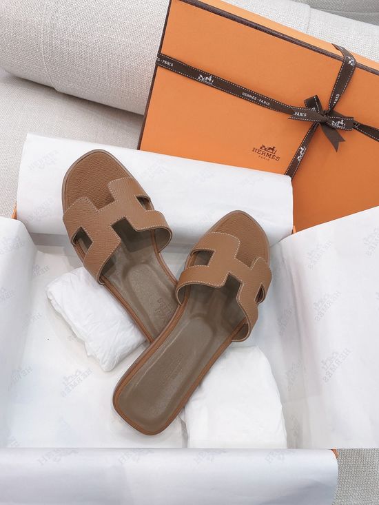 Hermes Classic H-shaped Flat Slide Slippers Premium Leather Sole