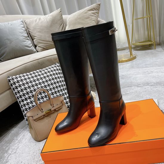 Hermes Buckle Decor Handcrafted Knee High Leather Boots