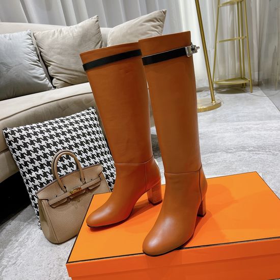 Hermes Buckle Decor Handcrafted Knee High Leather Boots