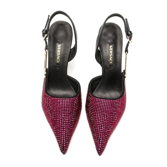 Versace Suede Rhinestone Stiletto Heel Slingback Sandals