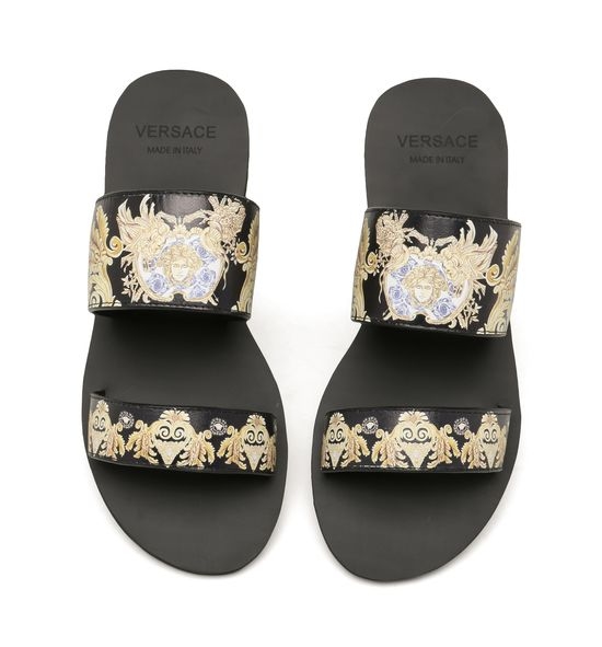 Versace Printed Cowhide Flat Slippers With Durable Rubber Sole