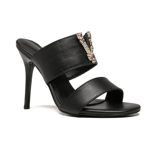 Versace V-buckle High Heel Slide Sandals Cowhide Upper Rubber Sole