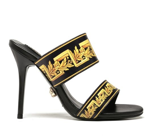 Versace Printed Leather High Heel Slides Comfortable Shoes