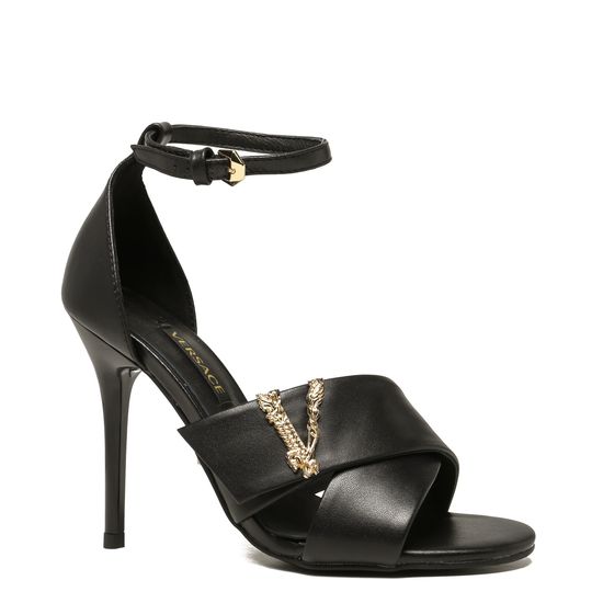 Versace V Buckle Decor Slim High Heel Leather Sandals