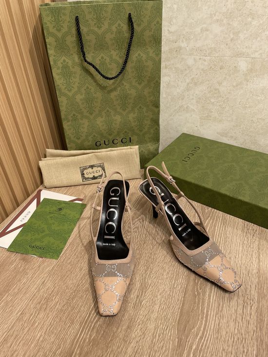 Gucci Rhinestone Decor Mesh Fabric Kitten Heel Slingback Shoes