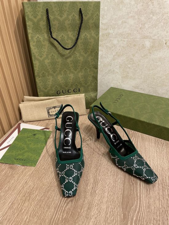 Gucci Crystal Embellished Mesh Kitten Heel Slingback with Sheepskin Lining